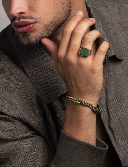Nialaya Men"s Golden Cocktail Ring With Green Jade - Gold - 67 x 67