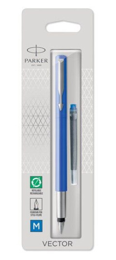 Parker Vector Fountain Pen  Svart with Chrome Trim  Medium Nib  Blå Ink  Hangtab