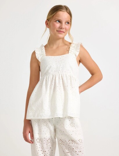 Lindex Sleeveless Blouse With Broderie Anglaise   White   146/152
