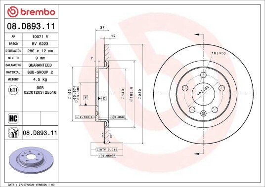 Bremseskive BREMBO 08.D893.11 Bremseskive BREMBO 08.D893.11
