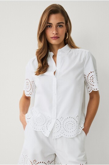 Ellos Collection Bluse med brodert hullmønster Hvit