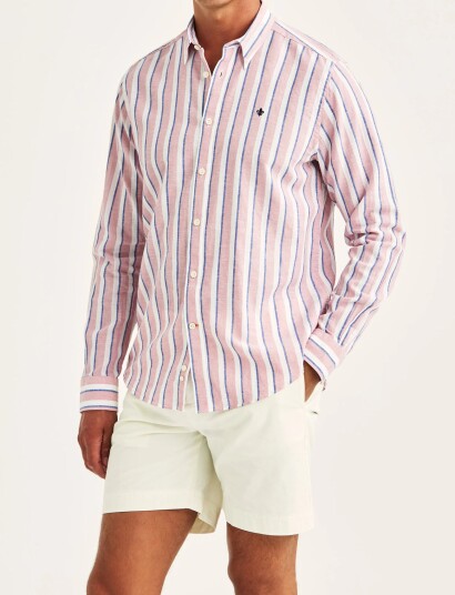 Morris Douglas Linen Mix Stripe Shirt Classic Fit   Pink   M