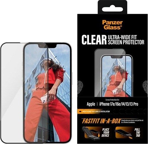 PanzerGlass Skjermbeskytter Ultra-Wide Fit til iPhone 17e, 16e, 14, 13, 13 Pro med FastFit In-A-Box