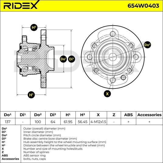 RIDEX 654W0403 Hjullager
