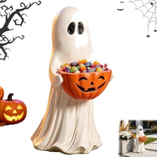 14 tommers spøkelsesstatue i harpiks med gresskar godteriskål morsom spøkelsesgodteriholder spøkelsesfigur Halloween statue for veranda hage uteplass peishylle vindu