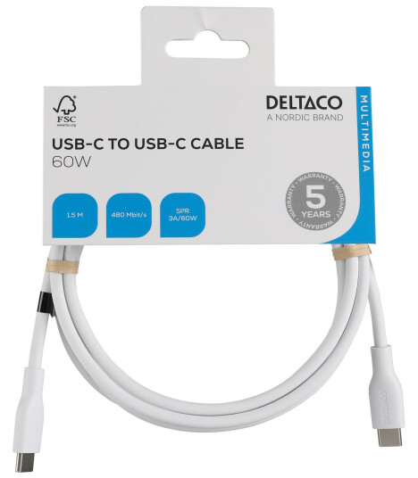 DELTACO USB-C - C USB2.0 SPR Cable, silicone, 1,5m, White