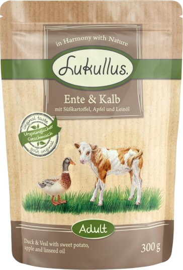 Lukullus våtfôr porsjonsposer And og kalv kornfri 48 x 300 g