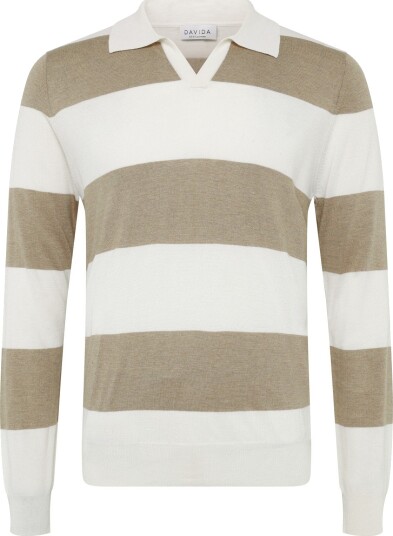 Davida Cashmere Man Fine Knit Open Collar Striped Beige L