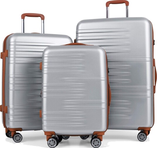 3-delt sølvfarget hardshell-bagasjesett med TSA-lås og spinnerhjul