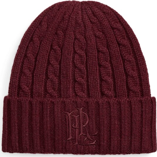 Lauren Ralph Lauren Embroidered Logo Cable Knit Beanie   DARK GARNET   One Size
