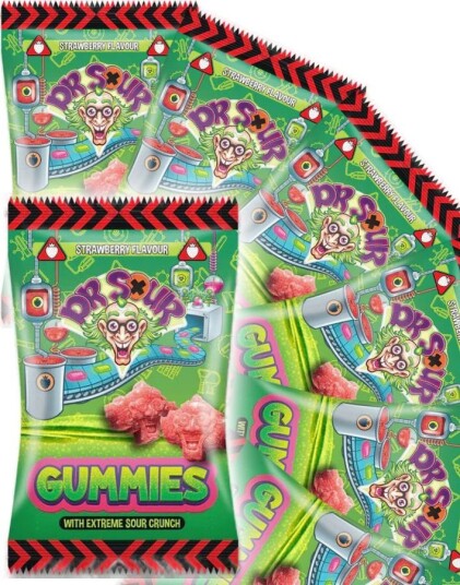 12 stk Dr. Sour Gummies Strawberry   Sur Vingummi Jordbærsmak   Hel Eske 2,4 kg