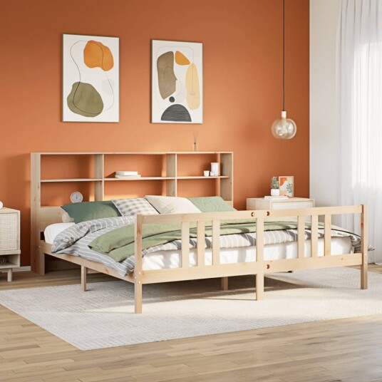 Seng med bokhylle uten madrass 200x200 cm heltre furu