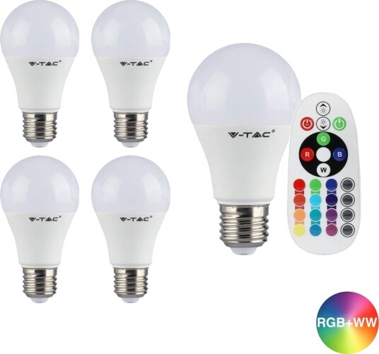 V Tac 5 stk. RGBW LED pære 6W Med RF fjernkontroll E27 Dimbar : Dimbar Kulør : RGB