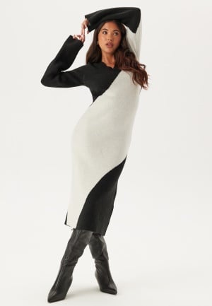 BUBBLEROOM V-neck Knitted Midi Dress Black/Offwhite S BUBBLEROOM V-neck Knitted Midi Dress Black/Offwhite S
