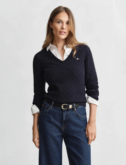 GANT Stretch Cotton Cable V-Neck - Navy - XXXL GANT Stretch Cotton Cable V-Neck - Navy - XXXL