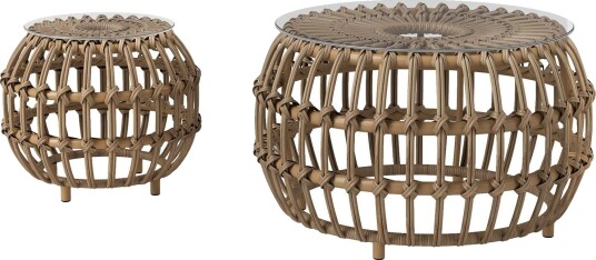 Sett med 2 sidebord polyrattan Ø66/42 cm rundt værbestandig hagebord med glassplate utendørs balkongbord salongbord hagemøbler t