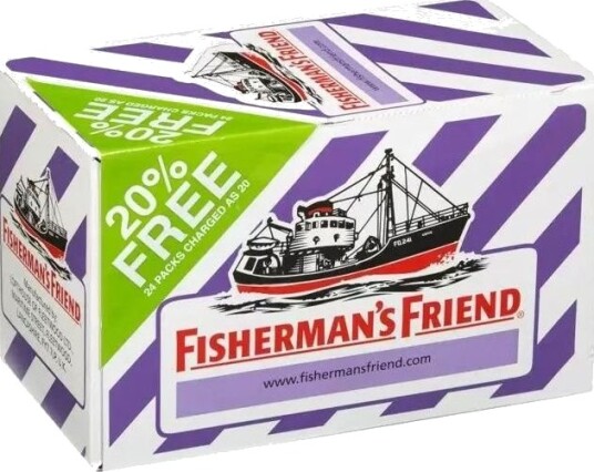 24 stk Sukkerfri Fisherman"s Friend med Smak av Solbær og Mentol   Hel Eske 600 gram
