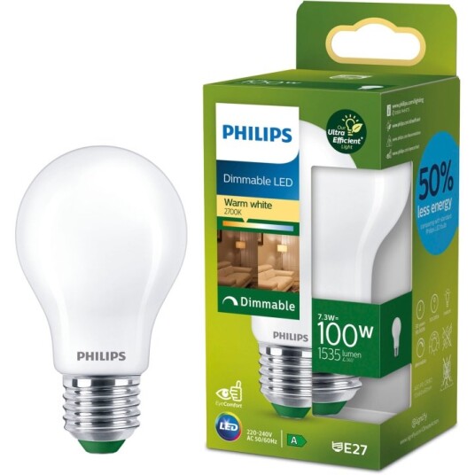 Philips LED E27 Normal A60 7,3W 100W Frostet 1535lm Dimbar 2700K Energiklasse A