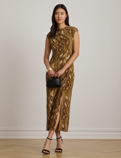 Lauren Ralph Lauren Python Print Jersey Cap Sleeve Dress   Beige   34