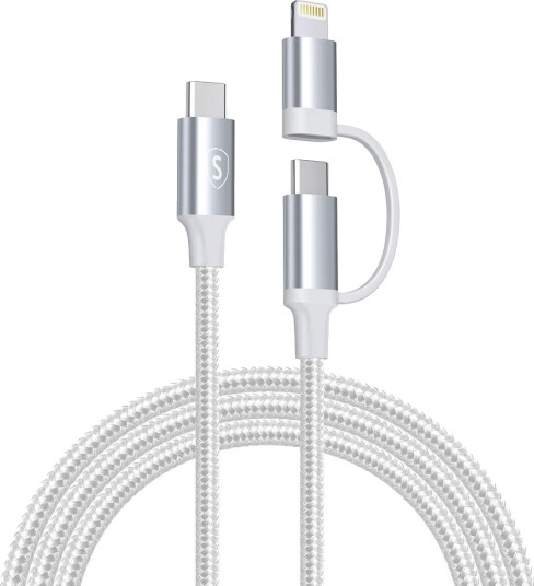 SiGN 2-i-1 USB-C til USB-C 60W PD 3A / Lightning 27W kabel, 1m - Hvit
