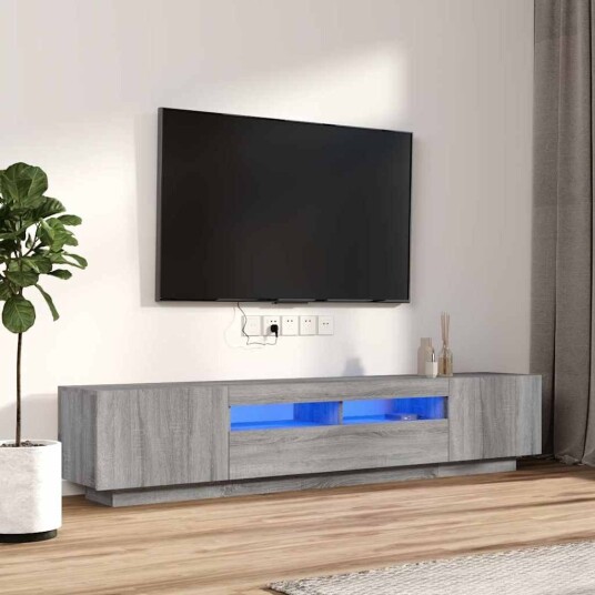 TV benksett med LED lys 2 deler grå eik konstruert tre