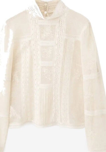 Mango Embroidered High-Neck Blouse - LIGHT BEIGE - S