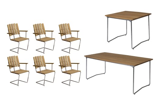 Grythyttan Stålmöbler B31 spisegruppe Oljert eik/galvanisert stål 6 lenestoler, bord 84 x 92 cm & bord 170 x 92 cm