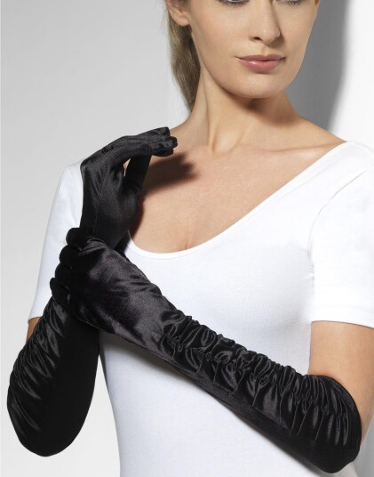 Draperte Hansker med Skinnende Stoff Svart
