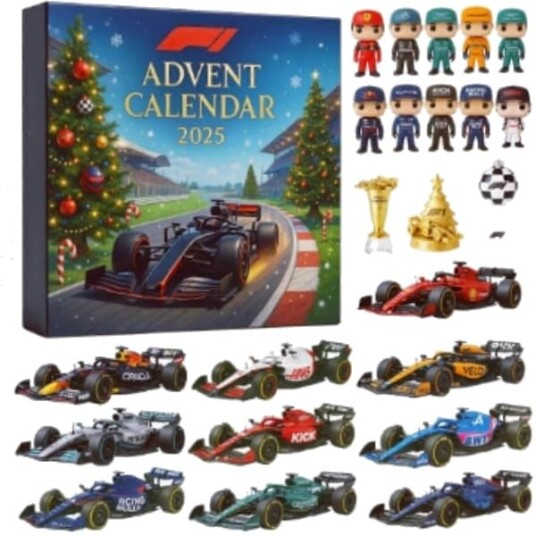 Adventskalender Formel Racing 2026 – 24 dager bilmodeller og julegave til bilentusiaster Akryl anheng; 2026 fargeboks
