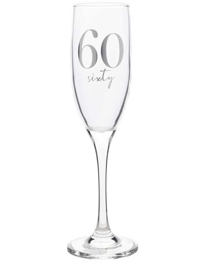 60 ÅR   Champagneglass med Sølvfarget Tekst og Motiver i Gaveeske 22 cm