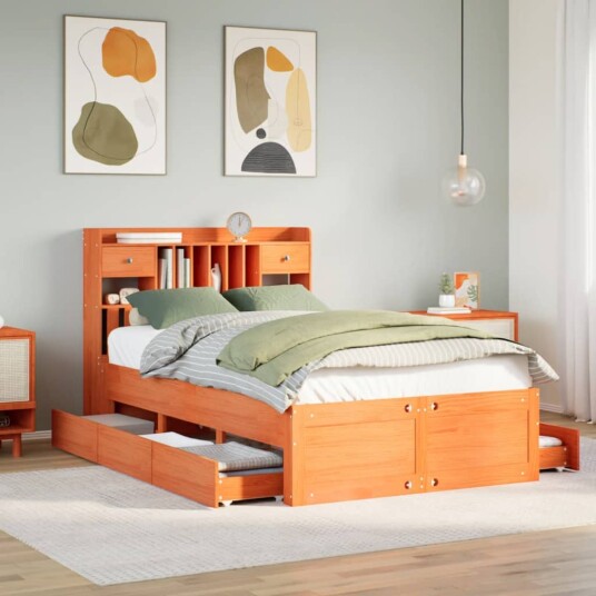  Seng med bokhylle uten madrass voksbrun 135x190 cm heltre furu 8721158384164