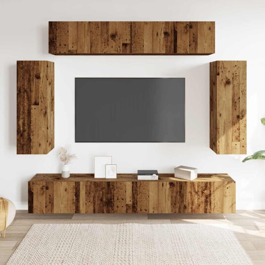 TV-skapsett 6 deler veggmontert gammelt tre konstruert tre 8721158760159