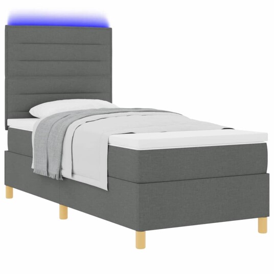 LED Box Springer Bed med madrass Mørkegrå 90 x 190 cm stoff