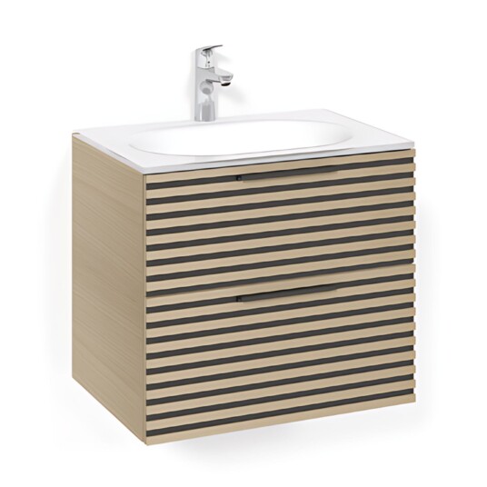 Macro Design Crown Stripe Servantskap 2-skuff - med Glasservant Eik / 60cm Glass Edge Hvit