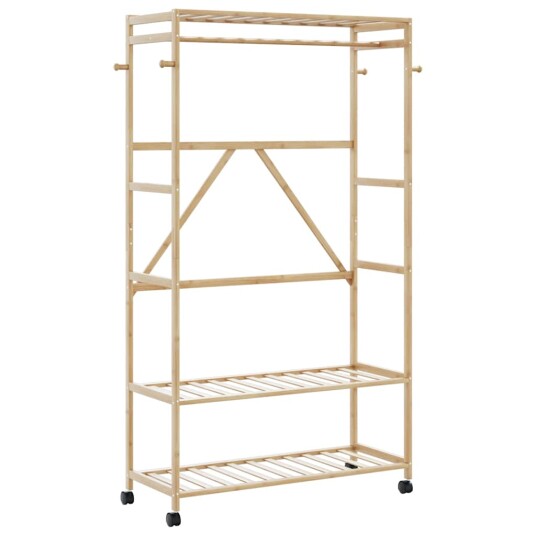 Klesstativ med hyller og hjul 110x40x180 cm bambus 8721102643064 Klesstativ med hyller og hjul 110x40x180 cm bambus 8721102643064