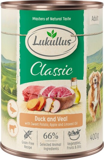 Lukullus Naturkost Adult Kornfri 6 X 400 G And Og Kalv Med Søtpoteter Epler Og Linolje Lukullus Naturkost Adult Kornfri 6 X 400 G And Og Kalv Med Søtpoteter Epler Og Linolje