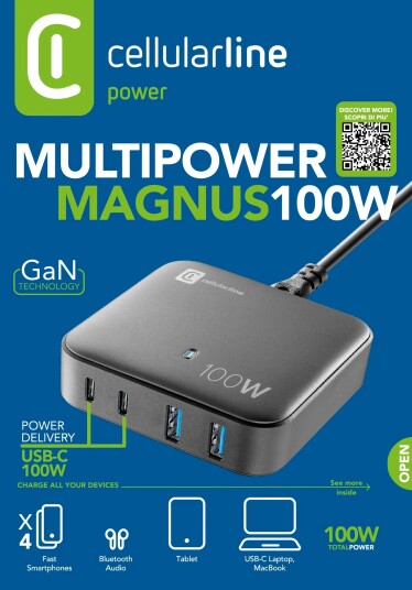 CellularLine 100W Multipower Stømadapter USB-A og USB-C