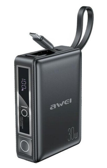 Awei Powerbank Su Innebygd Kabel P87k 10000Mah Juoda/Juodas 30W