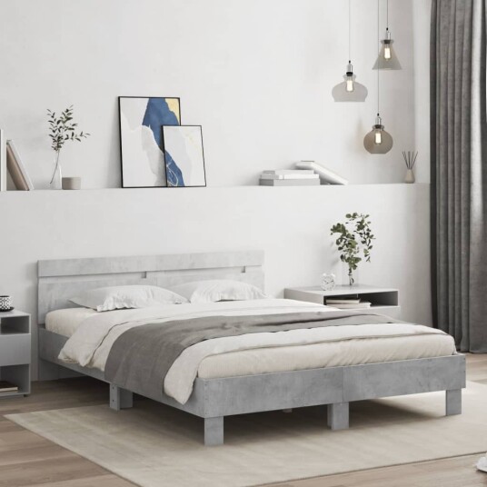  Sengeramme med hodegavl og LED betonggrå 140x190 cm 8721012247802