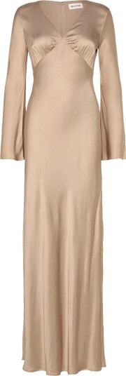 Malina Carolina Flared Sleeve Satin Maxi Dress   Beige   44