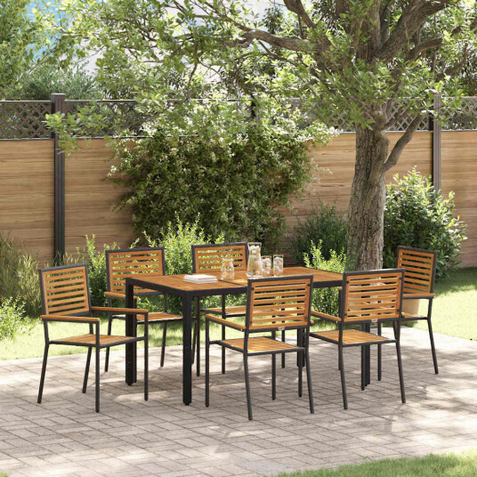 7 Delt Hage Spisegruppe Svart Poly Rattan Akacia
