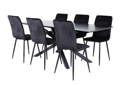Venture Design Piazza & Windu spisegruppe Svart/svart 6 stoler & bord 180 x 90 cm