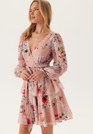 Goddiva Floral Long Sleeve Tiered Skater Dress Peach Floral S (UK10)