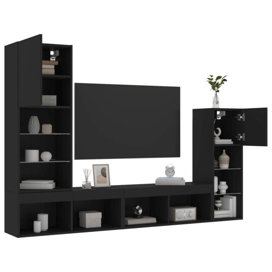 vidaXL Vegghengte TV-enheter med LED 4 deler svart konstruert tre 8721012470637