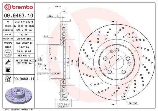 BREMBO 09.9463.11 Bremseskive
