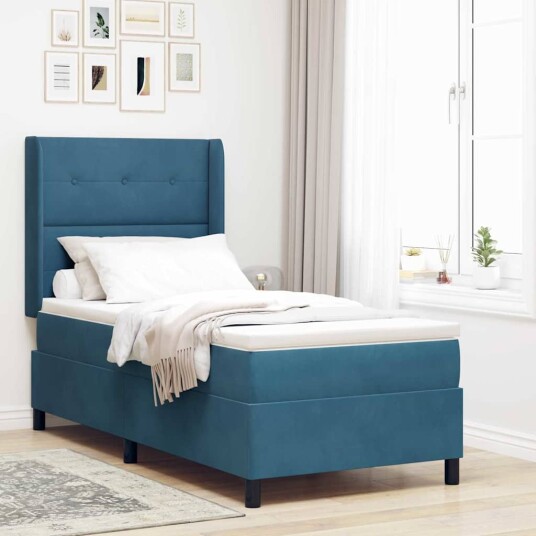Box Spring Seng med Madrass & LED Mørk Blå 90x200 cm Fløyel
