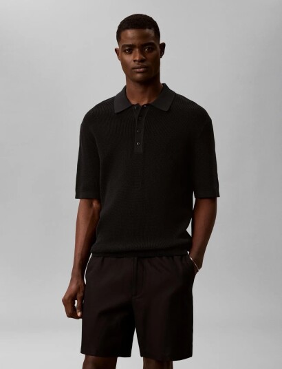 Calvin Klein Jeans Ss Cotton Waffle Polo Collarswtr Black L Calvin Klein Jeans Ss Cotton Waffle Polo Collarswtr Black L