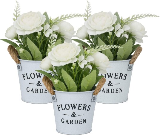 Sett med kunstige blomster – hvite dekorative potter uten vedlikehold