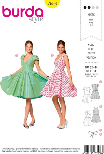 Burda 7556 - Kjole EUR: 32-44, US: 6-18