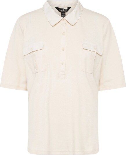 Lauren Women Rib Knit Elbow Sleeve Collared Top Cream XXXL